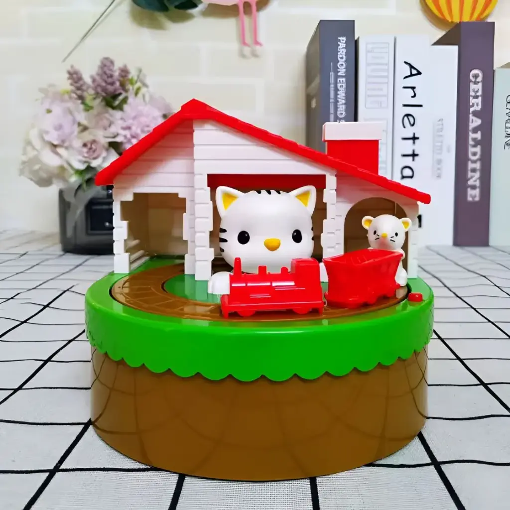 Alcancía Gatito Y Ratón Con Tren Atrapa Moneda Musical