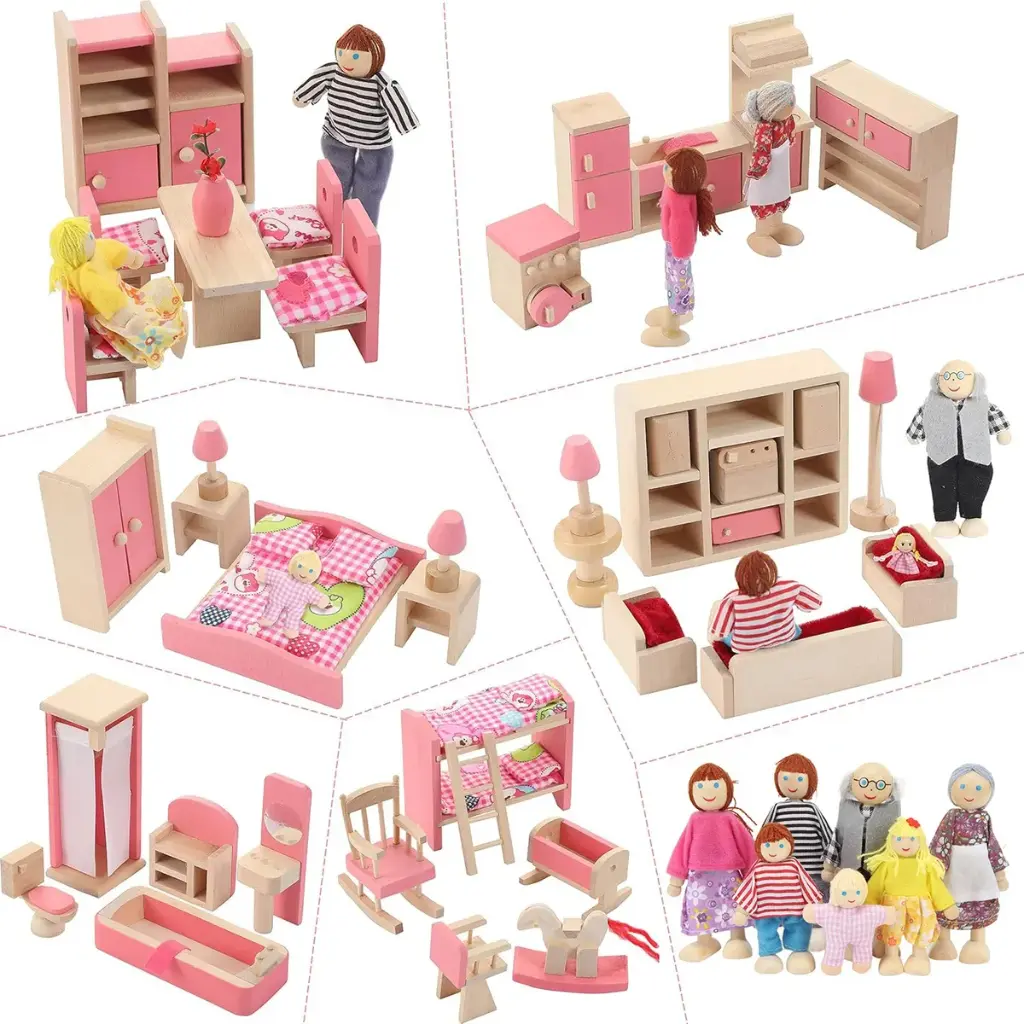 Combo Familia + 6 Salas Del Hogar En Madera Juguete