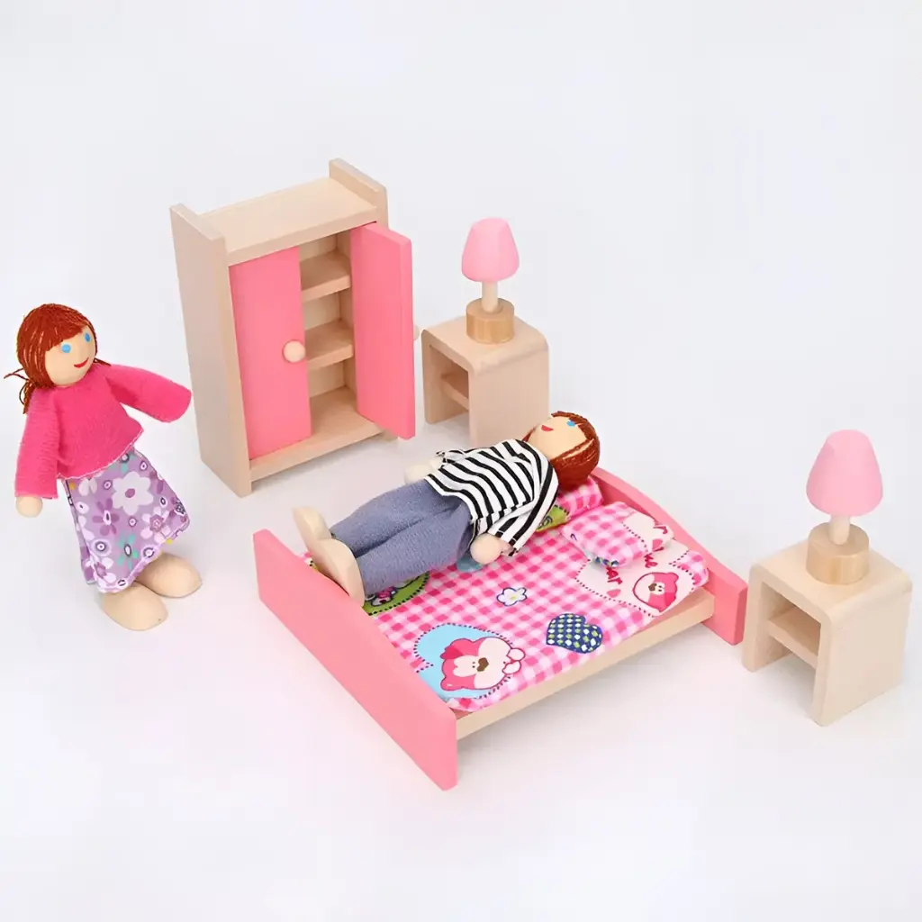 Set Muebles Madera Dormitorio Juguete Bedroom 9 Piezas Casa