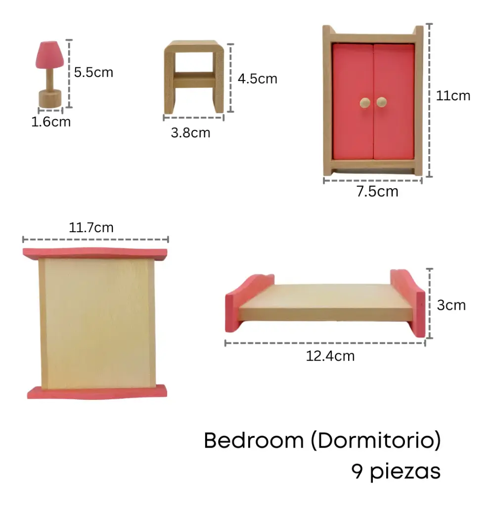 Set Muebles Madera Dormitorio Juguete Bedroom 9 Piezas Casa
