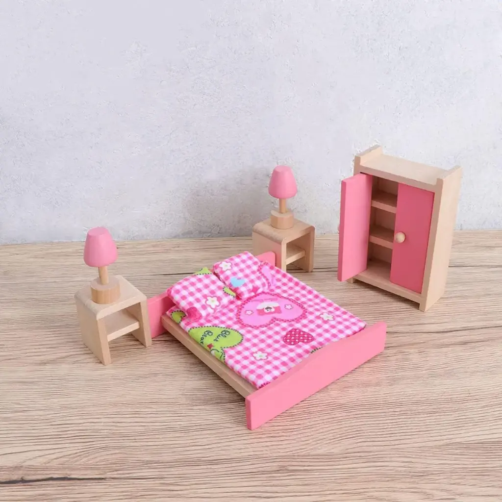 Set Muebles Madera Dormitorio Juguete Bedroom 9 Piezas Casa