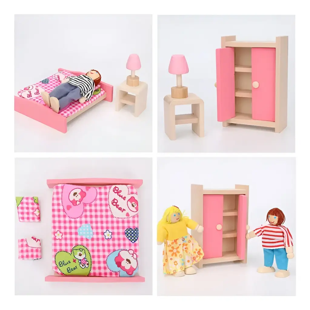 Set Muebles Madera Dormitorio Juguete Bedroom 9 Piezas Casa