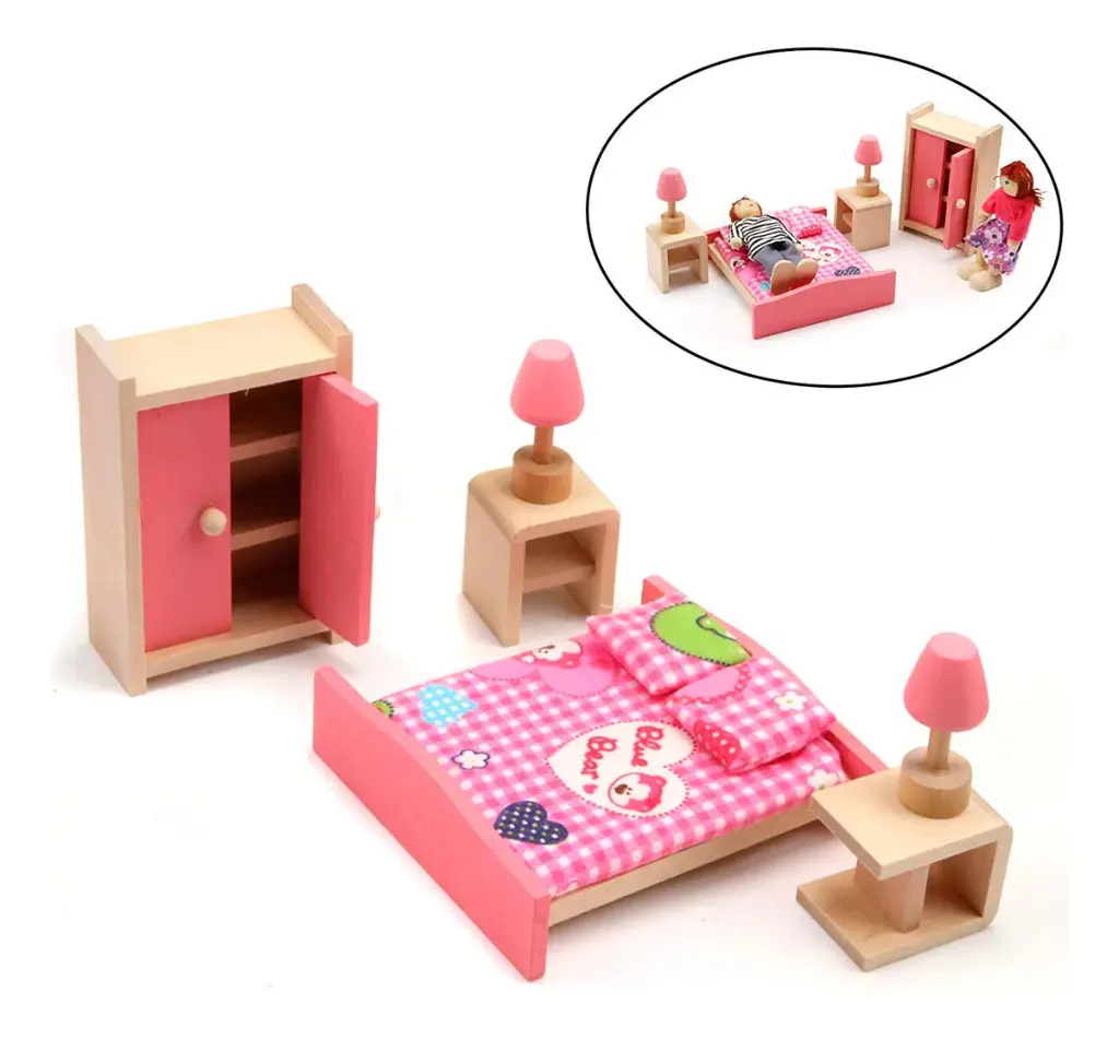 Set Muebles Madera Dormitorio Juguete Bedroom 9 Piezas Casa