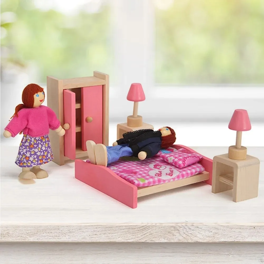 Set Muebles Madera Dormitorio Juguete Bedroom 9 Piezas Casa