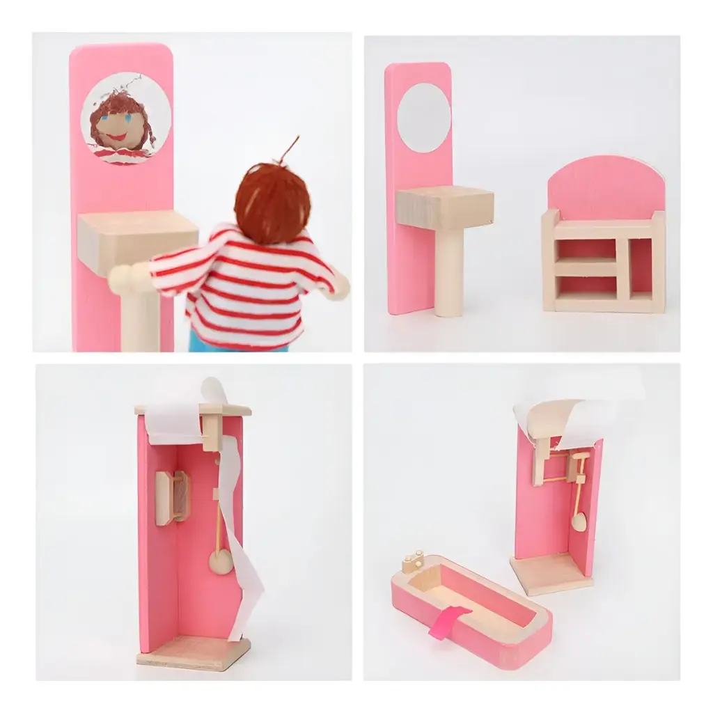 Set Muebles Madera Baño Bathroom 5 Piezas Juguete Casa