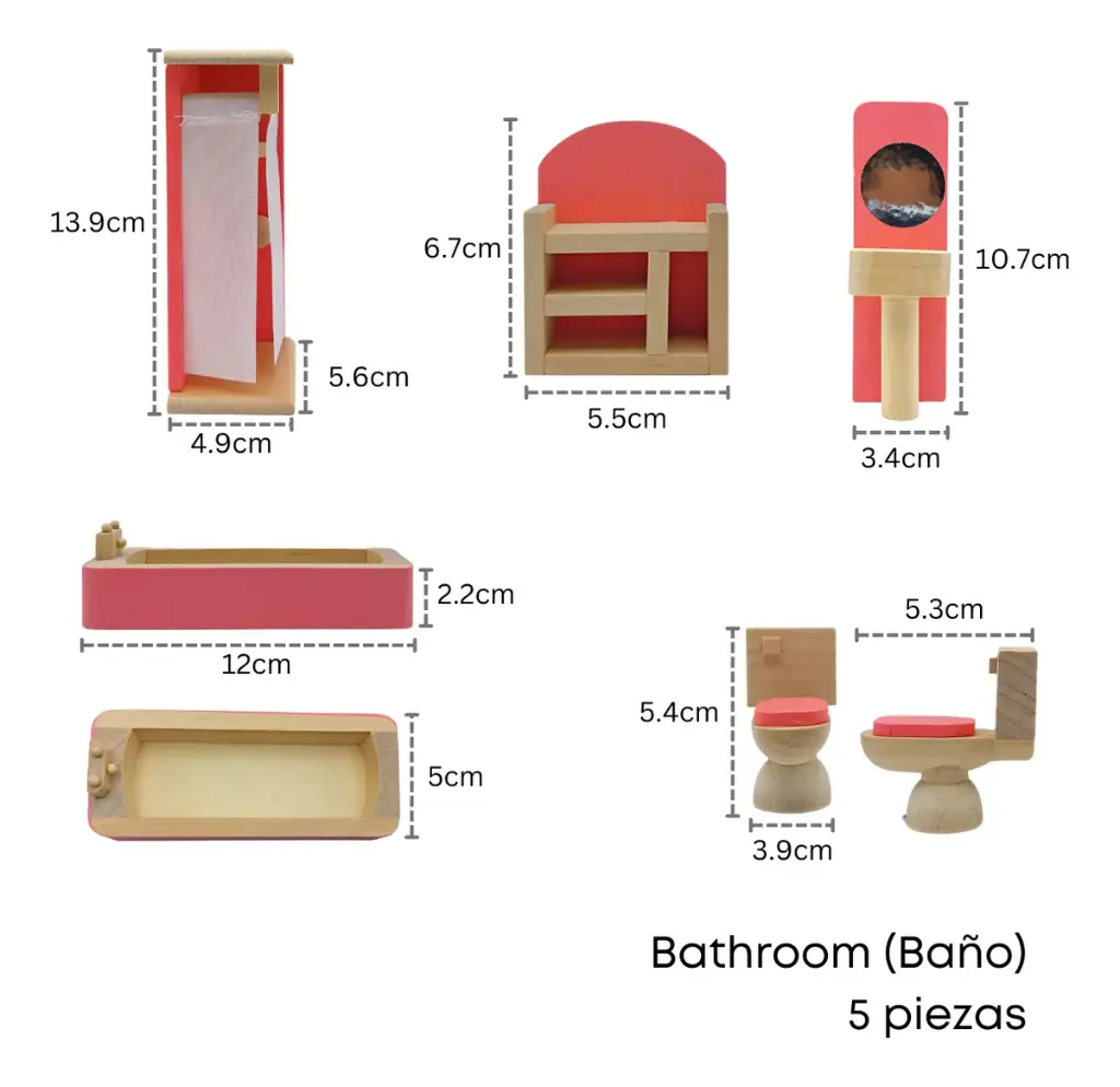 Set Muebles Madera Baño Bathroom 5 Piezas Juguete Casa