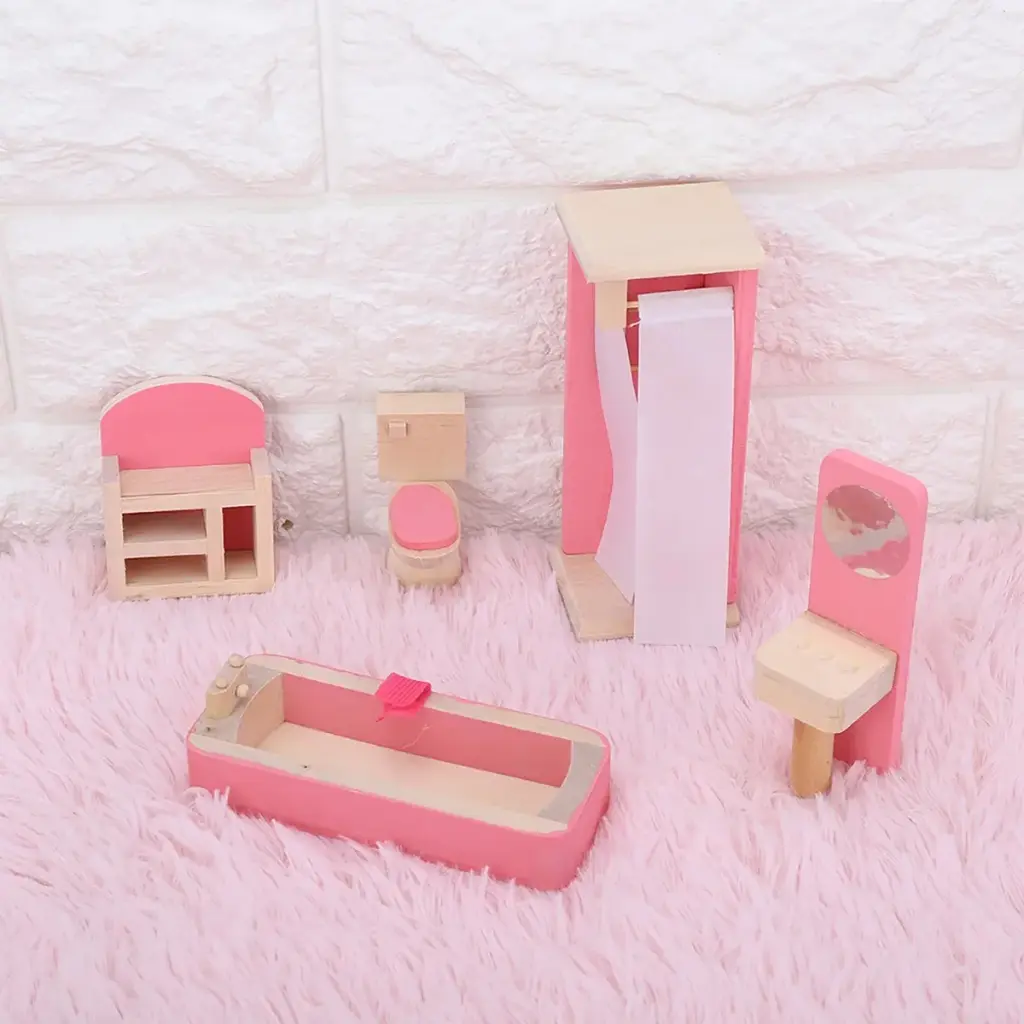 Set Muebles Madera Baño Bathroom 5 Piezas Juguete Casa