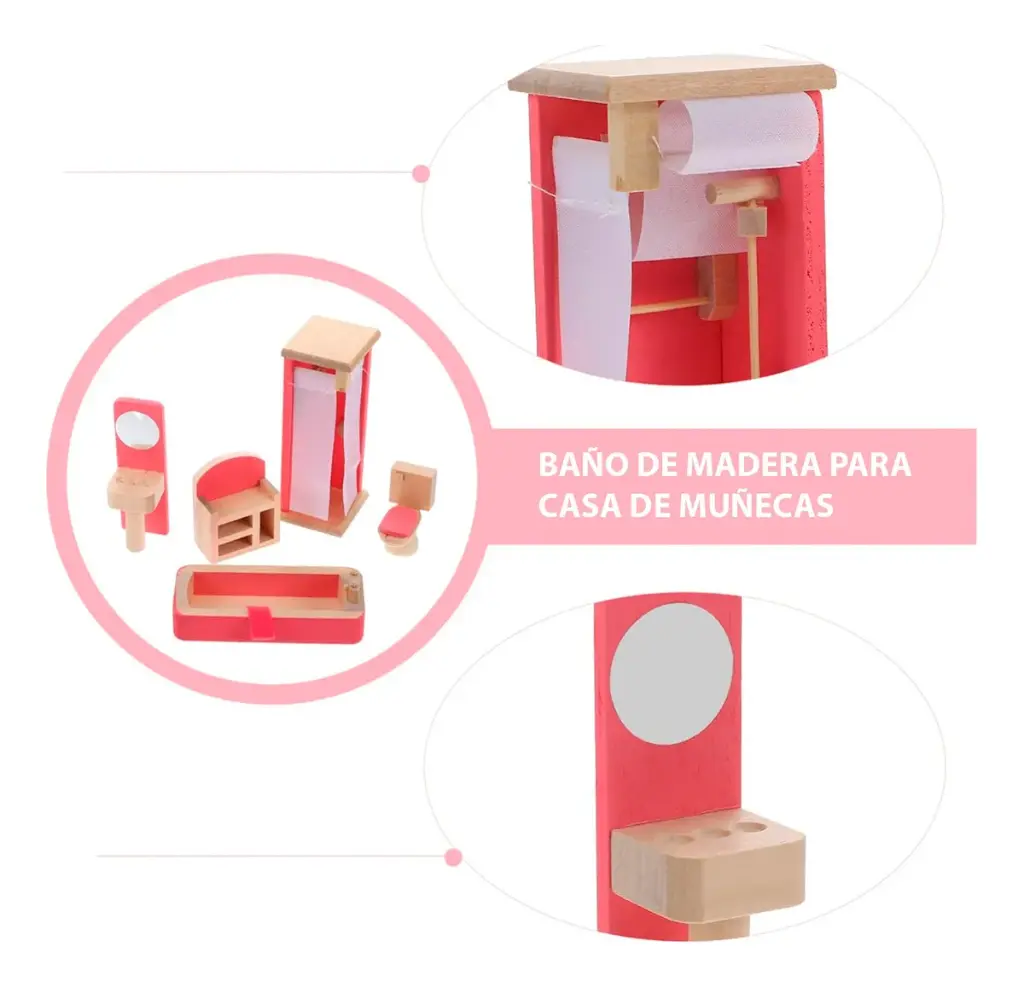Set Muebles Madera Baño Bathroom 5 Piezas Juguete Casa