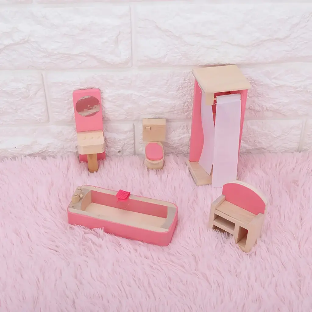 Set Muebles Madera Baño Bathroom 5 Piezas Juguete Casa