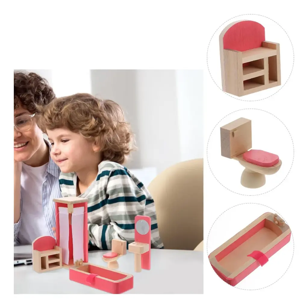 Set Muebles Madera Baño Bathroom 5 Piezas Juguete Casa
