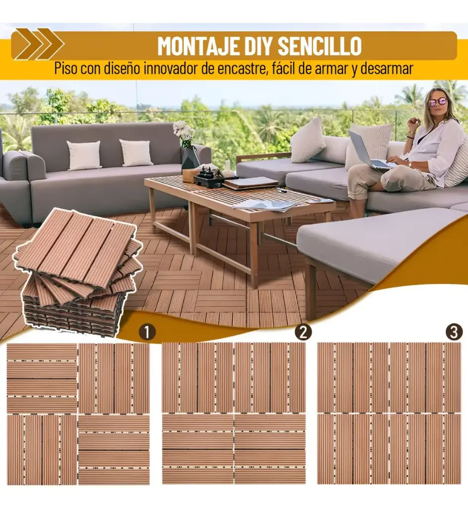 Baldosa Piso Deck Modular Wpc 30x30cm Encastrable Exterior