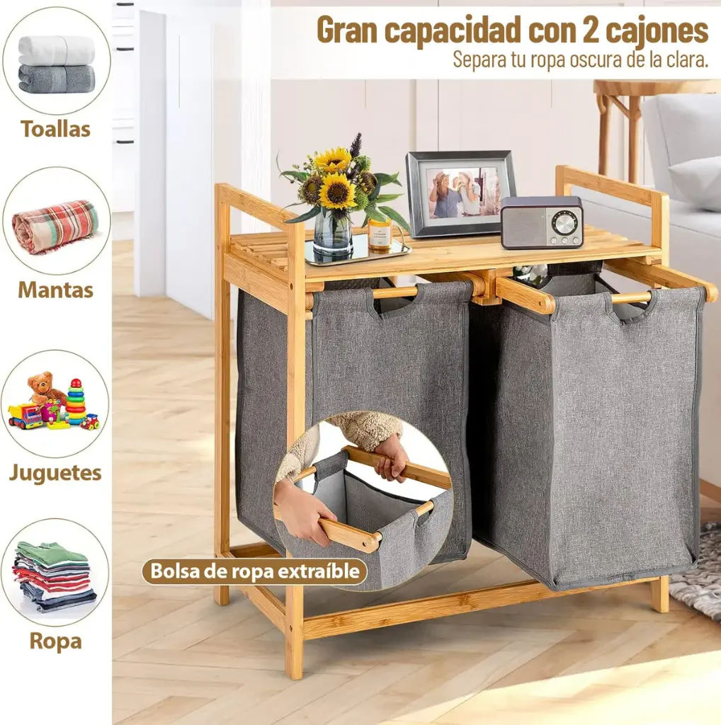Canasto Cesto Ropa Lavandería 2 Compartimentos Extraíbles Ql