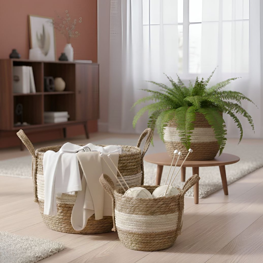 Set X3 Canasto Organizador Fibra Vegetal Estilo Ratan Manija