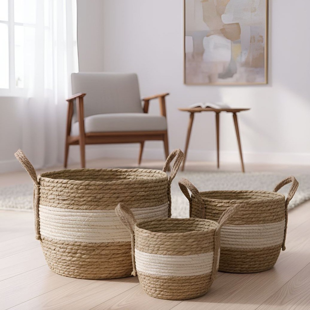 Set X3 Canasto Organizador Fibra Vegetal Estilo Ratan Manija