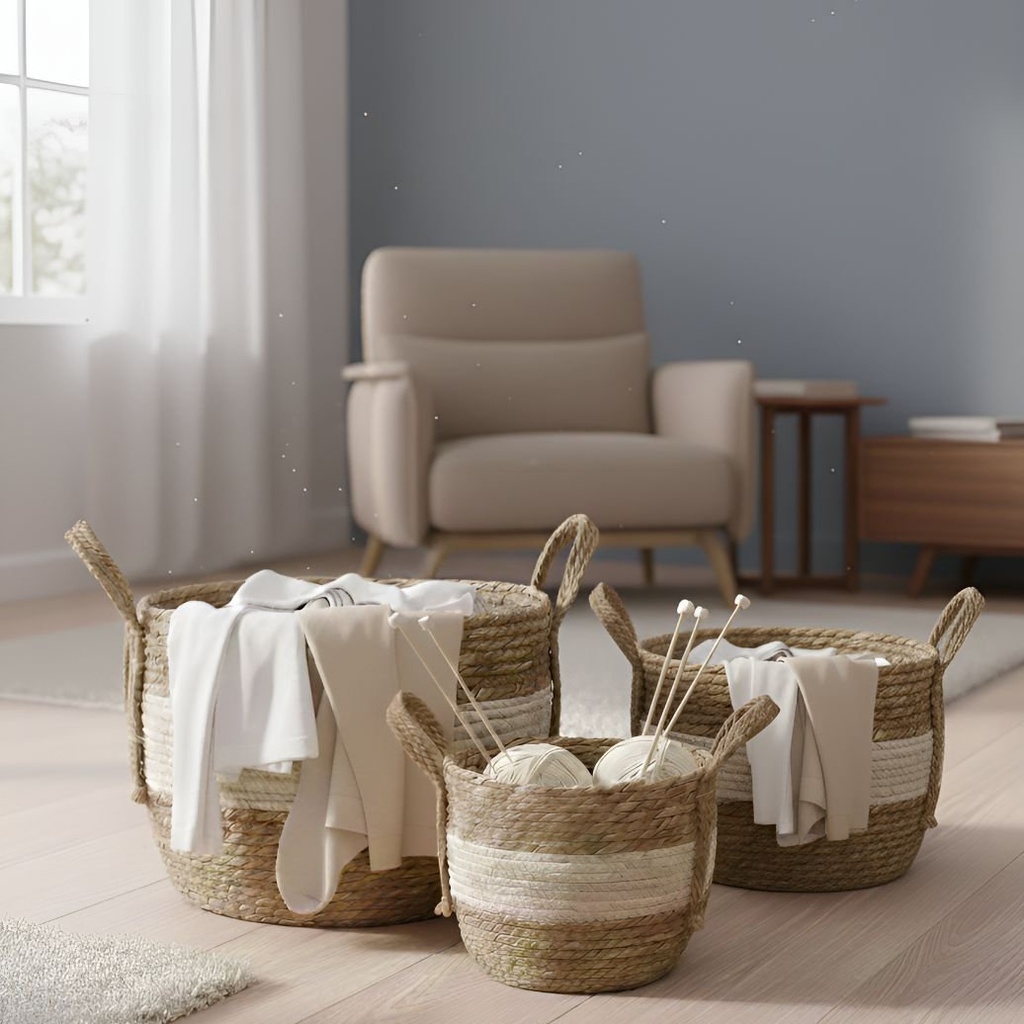 Set X3 Canasto Organizador Fibra Vegetal Estilo Ratan Manija