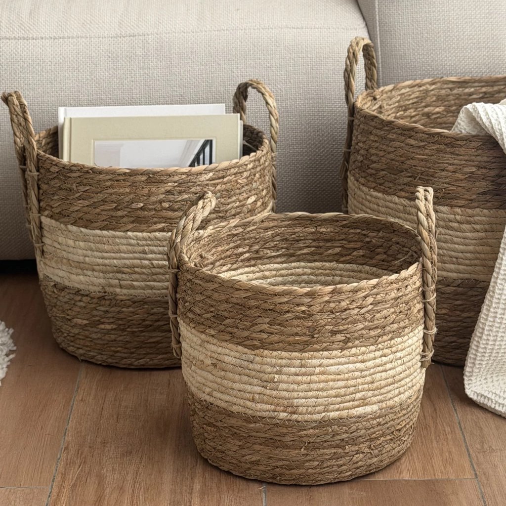 Set X3 Canasto Organizador Fibra Vegetal Estilo Ratan Manija