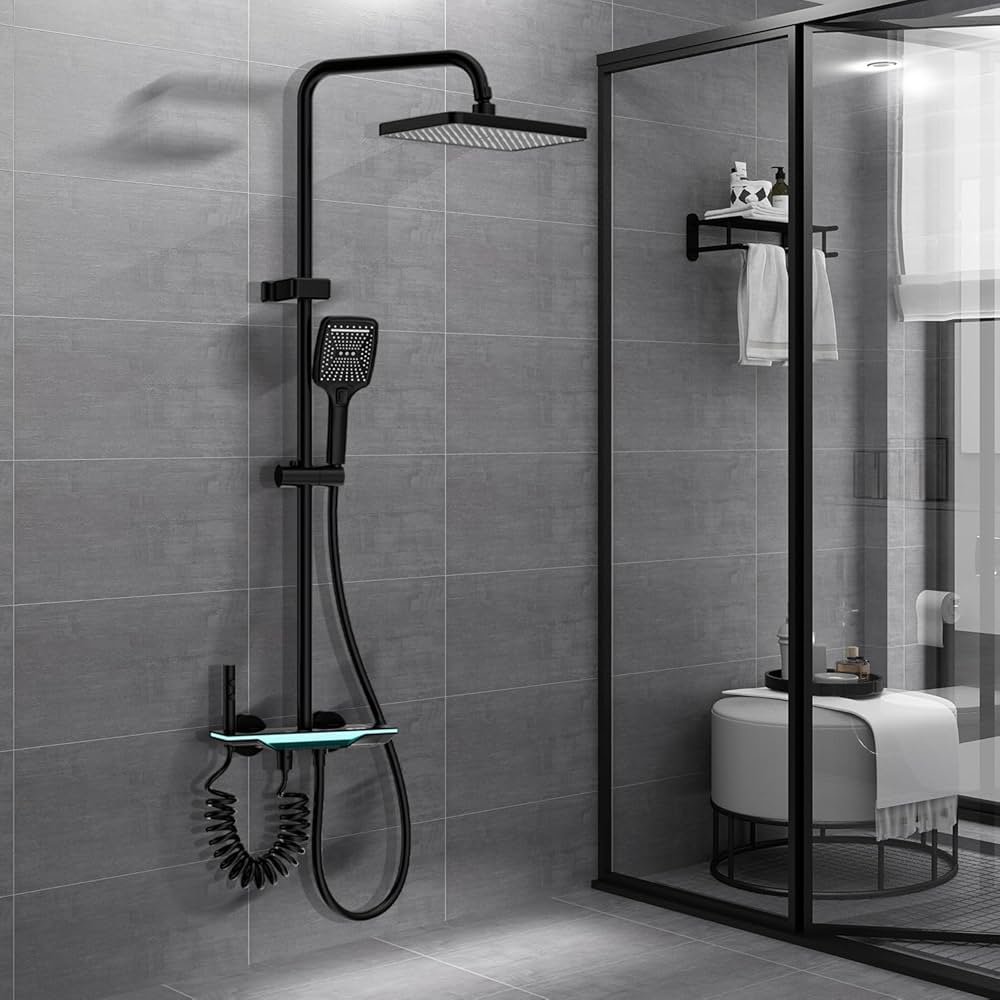 Set Barral Ducha Cromada Con Teléfono Y Monocomando Negro Ql