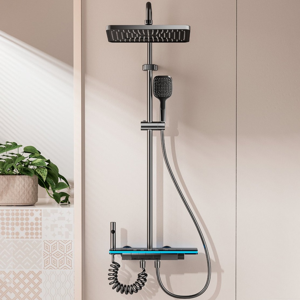 Set Barral Ducha Cromada Con Teléfono Y Monocomando Negro Ql