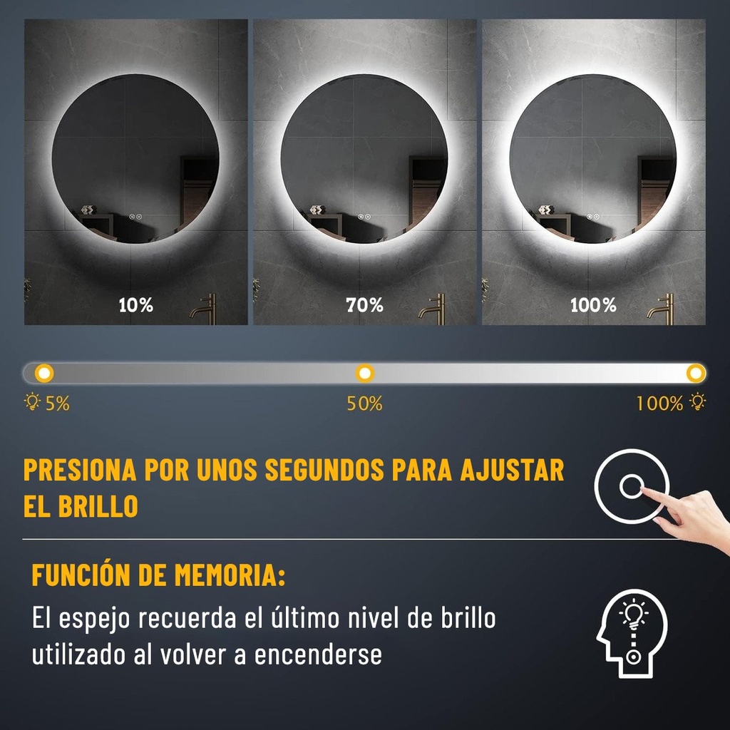 Espejo Redondo Baño Táctil 3 Modos Luz Y Desempañador 60 Cm®
