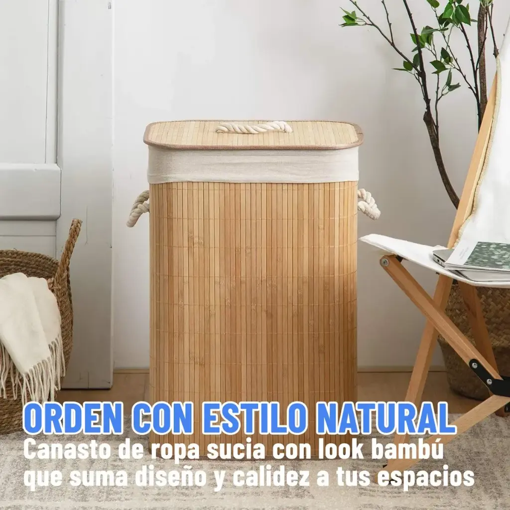 Canasto Cesto Ropa Sucia Pleglable Look Bambu Grande Tapa Ql 