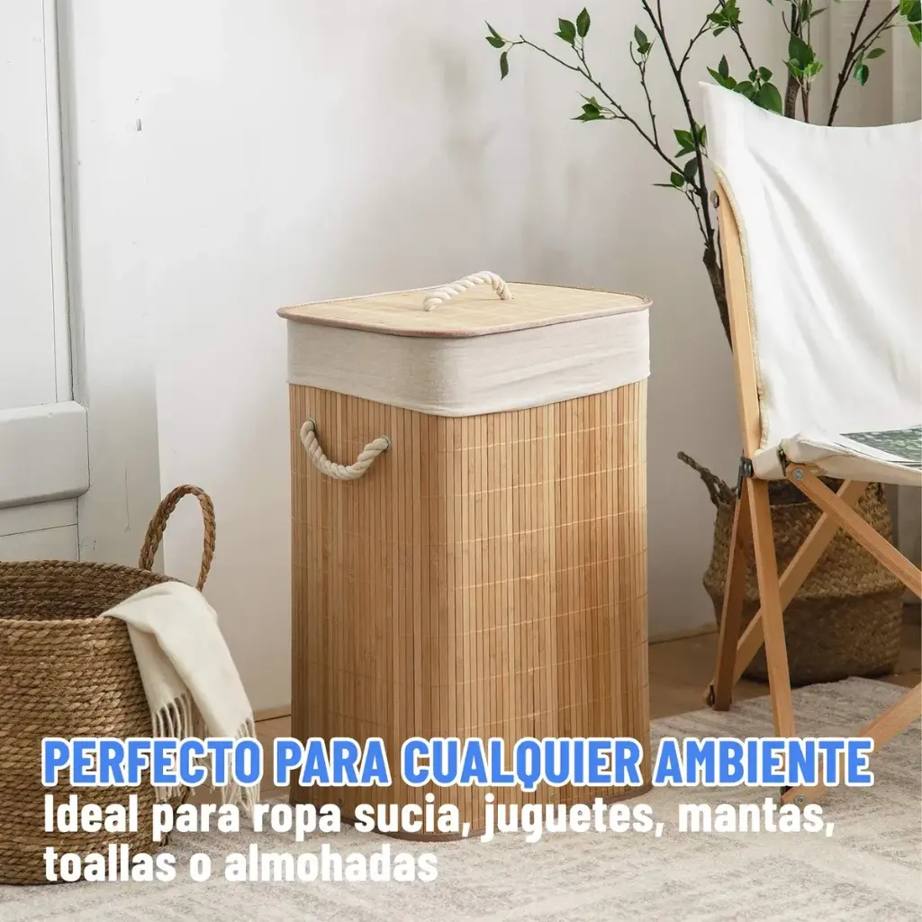 Canasto Cesto Ropa Sucia Pleglable Look Bambu Grande Tapa Ql 