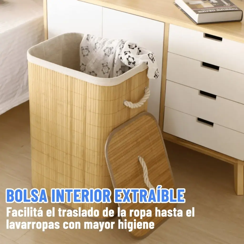 Canasto Cesto Ropa Sucia Pleglable Look Bambu Grande Tapa Ql 
