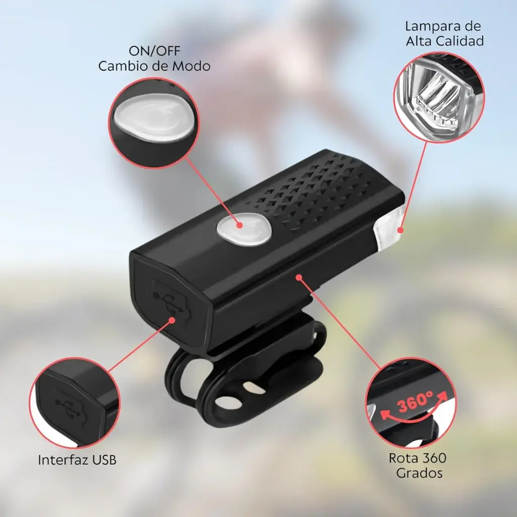Luz Delantera Bicicleta Raypal 300 Lumens Recargable 3 Modos