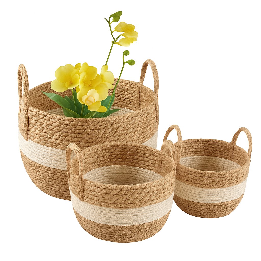 Set X3 Canasto Organizador Fibra Vegetal Estilo Ratan Manija