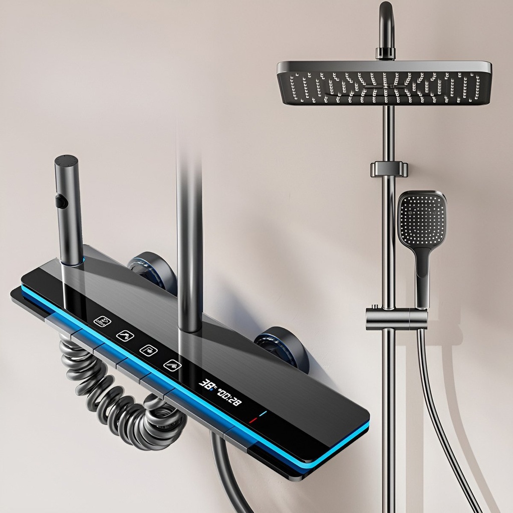 Set Barral Ducha Cromada Con Teléfono Y Monocomando Negro Ql