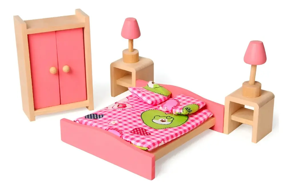 Set Muebles Madera Dormitorio Juguete Bedroom 9 Piezas Casa