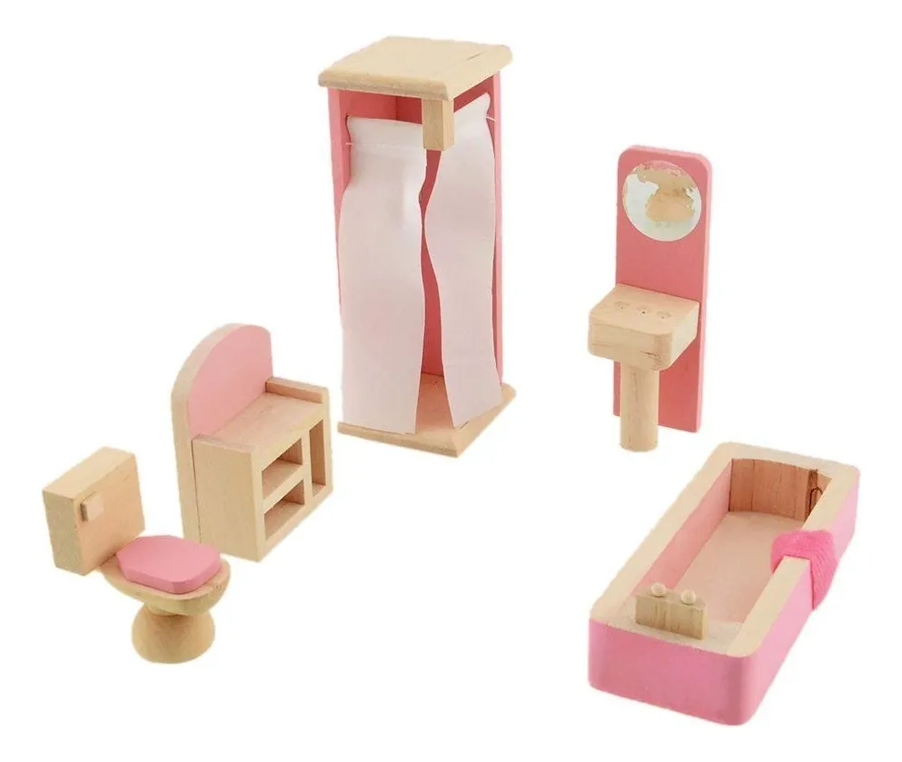 Set Muebles Madera Baño Bathroom 5 Piezas Juguete Casa