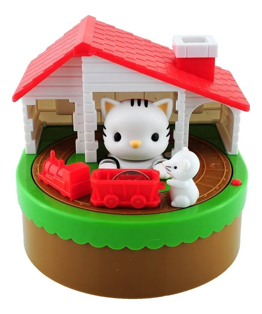 Alcancía Gatito Y Ratón Con Tren Atrapa Moneda Musical