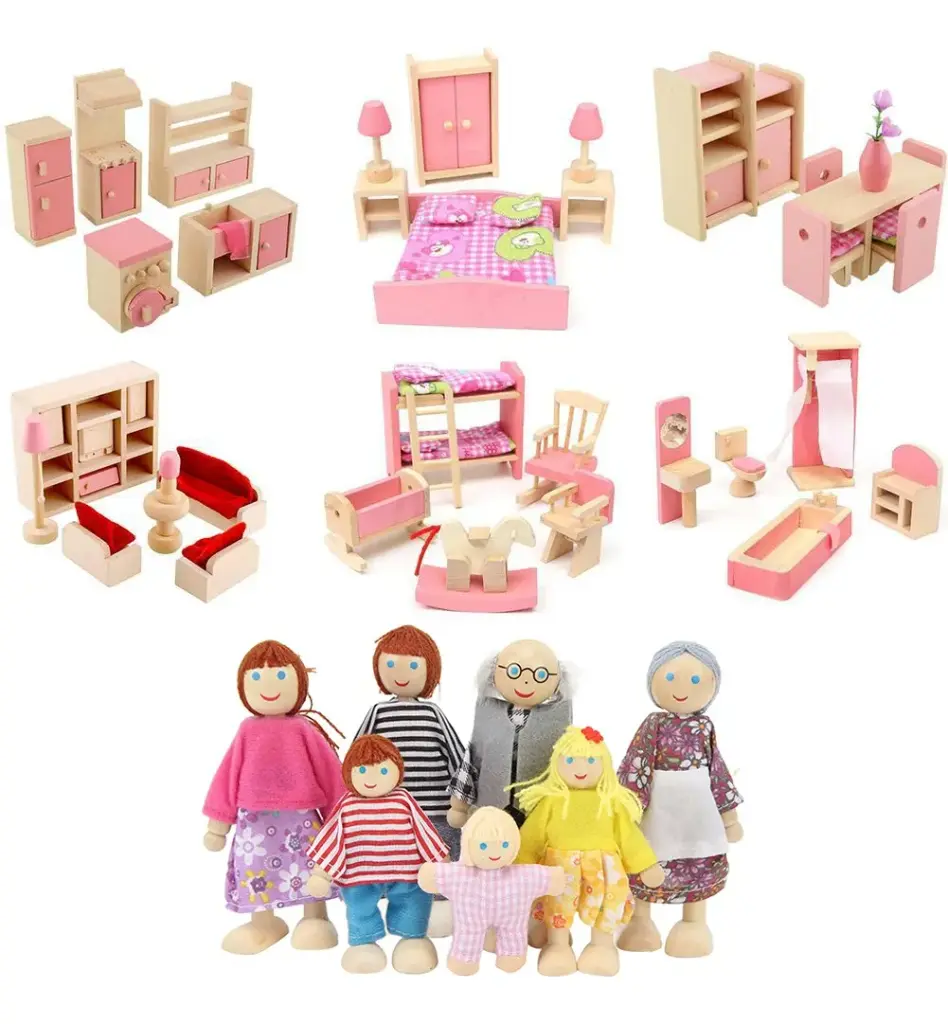 Combo Familia + 6 Salas Del Hogar En Madera Juguete